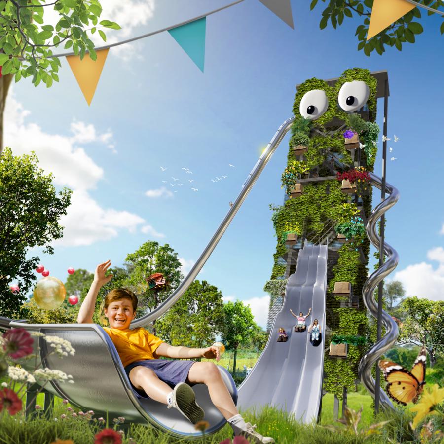 Giv dig i kast med den enorme rutsjebane, Giganten i WOW PARK, som drengen her på billedet.