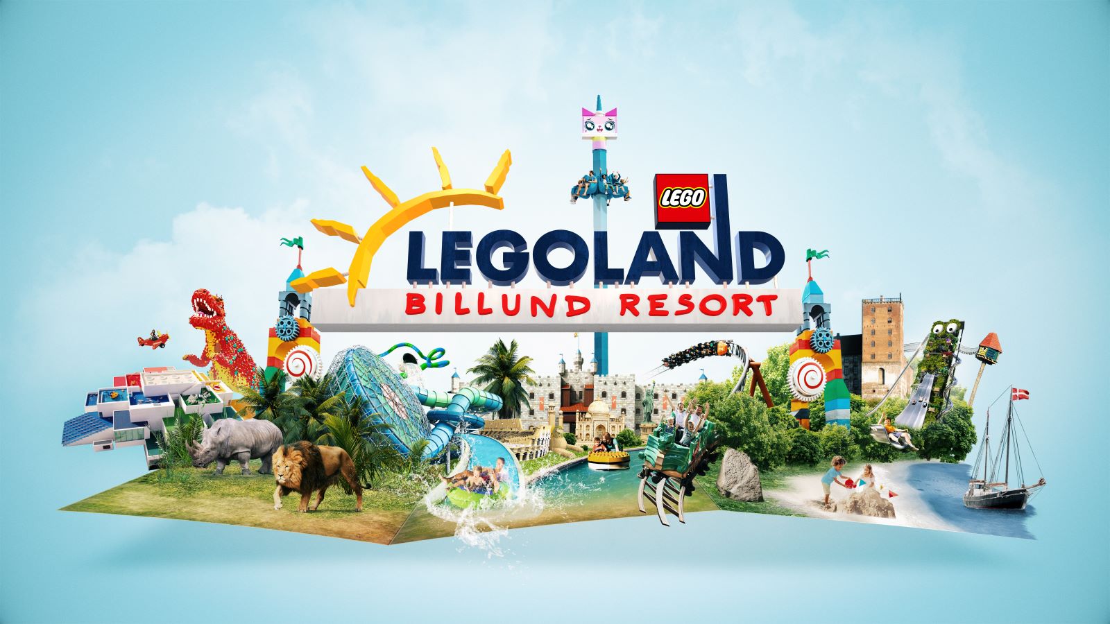 Im LEGOLAND Billund Resort erwarten euch aber auch Dinosaurier und Löwen. Man kann auf verrückten Rutschbahnen nach unten sausen. Oder man kann mit Schiffen fahren und Sandburgen bauen. Erkundet ein königliches Schloss oder eine Wikingerburg – und vieles, vieles mehr.
