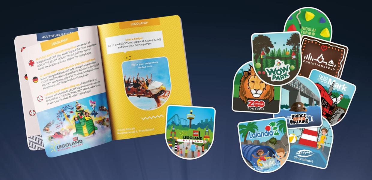 The Be Happy Pass is posted on the LEGOLAND site. 9 colourful badges are next to it. Ready to be sticked into the pass.