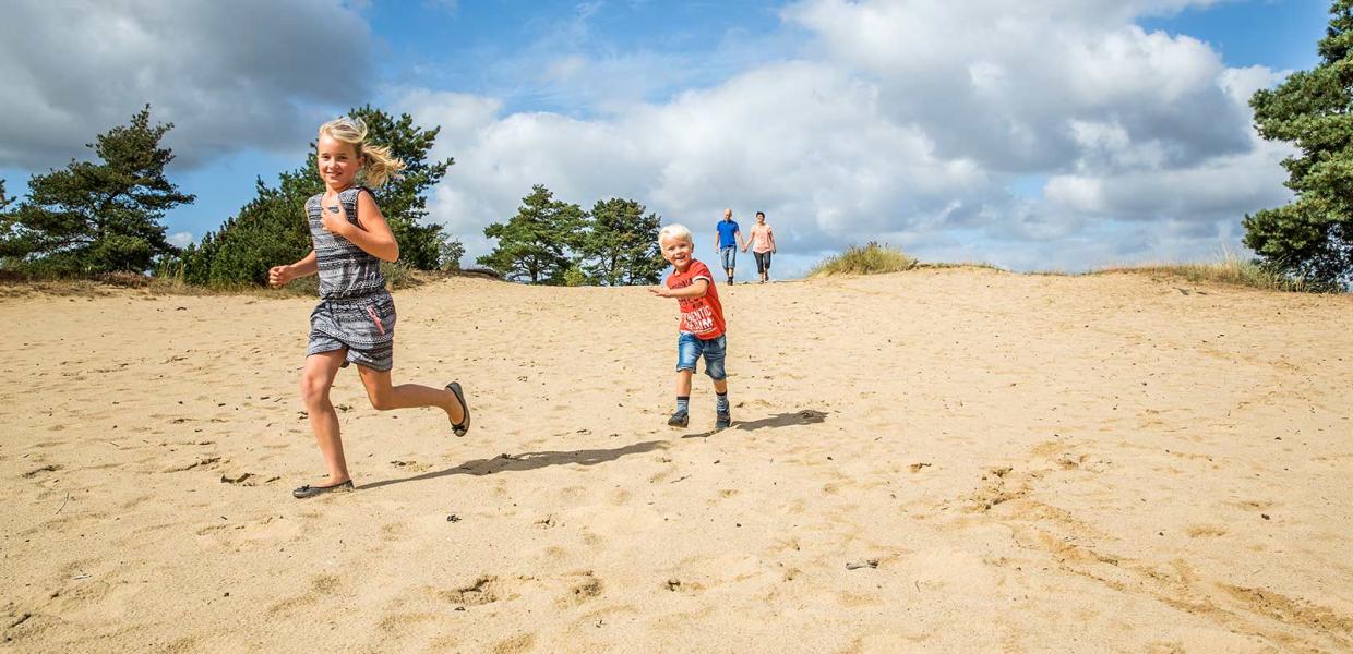 En pige og hendes lillebror har det sjovt med at løbe ned af sandklitten. Grene Sande. En naturoplevelse for hele familien i LEGOLAND Billund Resort.
