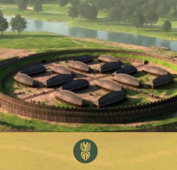 Illustration of how the Ring Fortress in Odense was built close to the river Odense. The outer ring is an earthen rampart and the inner ring is a wood-covered earthen rampart.