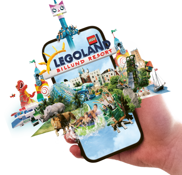 En hånd der holder en mobiltelefon, som viser LEGOLAND Billund Resort Key Visual med attraktioner i trekantområdet