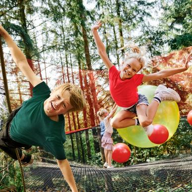 Discover the marvellous forest at WOW Park. Swing, like this boy, from treetop to treetop. Or jump on the giant balls in the gigantic net.